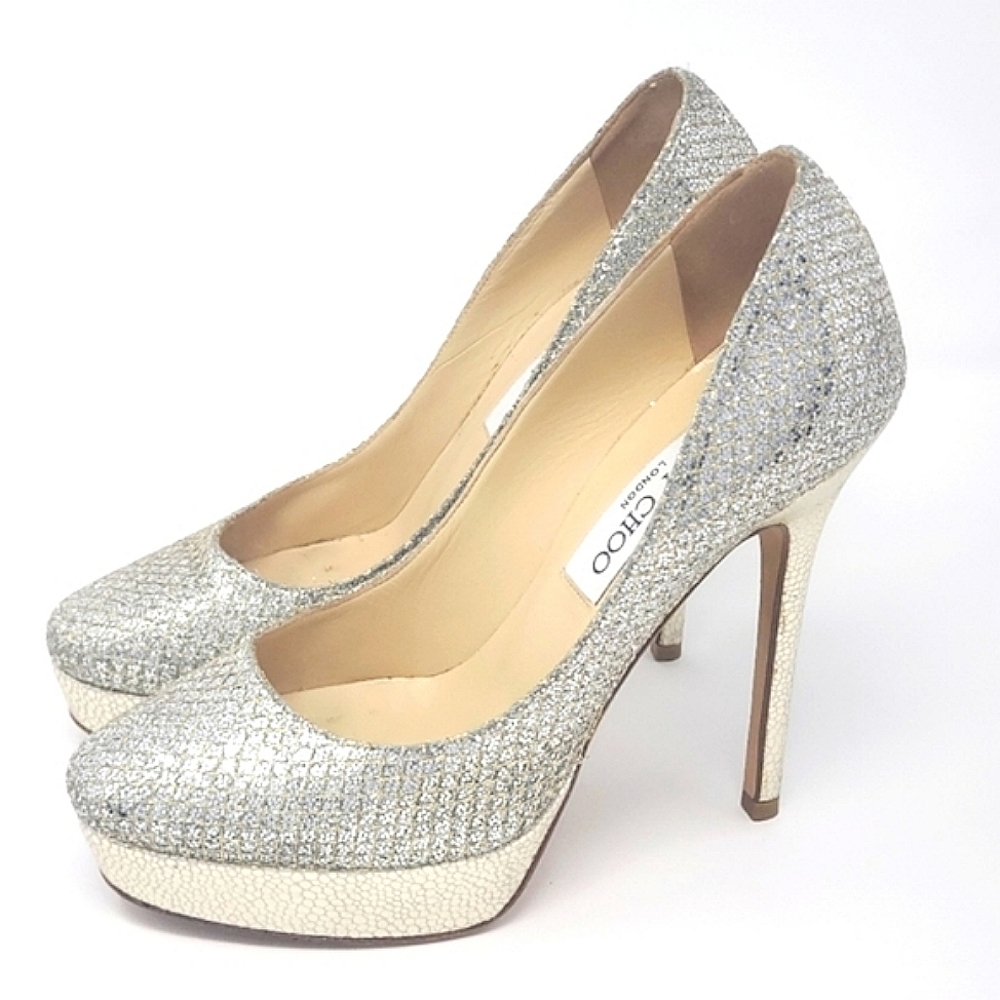 $950 Jimmy Choo Embossed Snake Glitter Wedding Bridal Platform Pumps 35.5